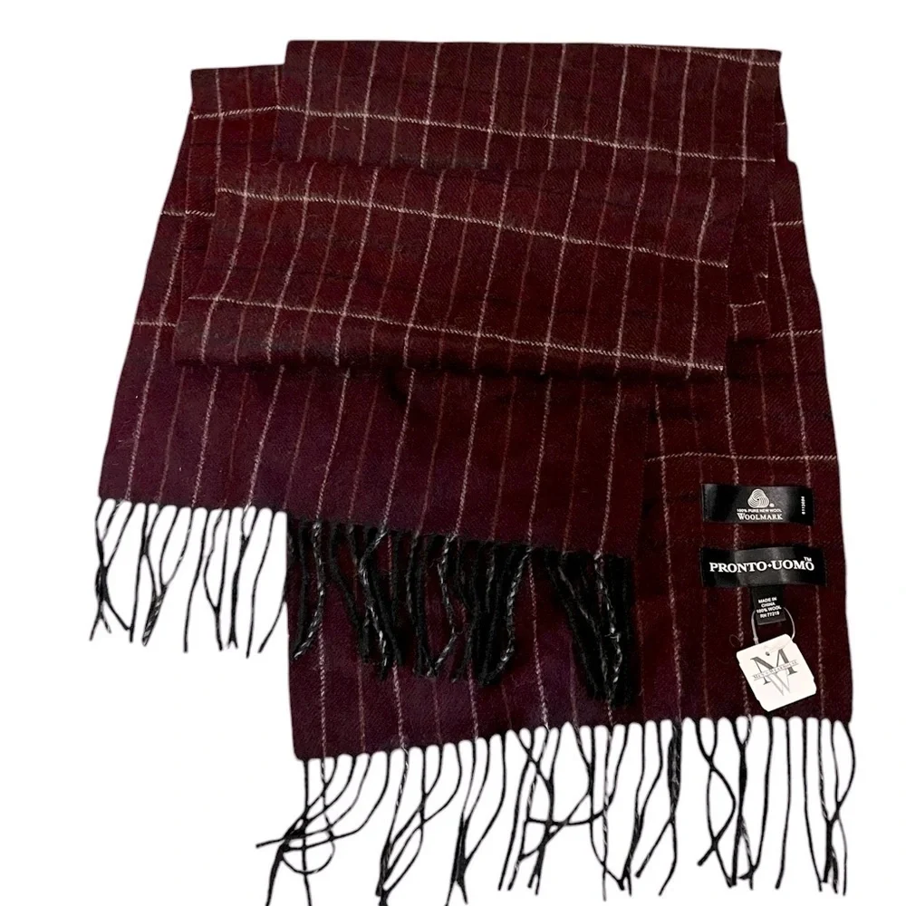 NWT Pronto Uomo Fine 100% Wool Plaid Check Scarf, Maroon Ivory & Black
